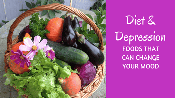 Title: Diet and Depression: Foods that can change your mood with picture of a basked of vegetables and flowers