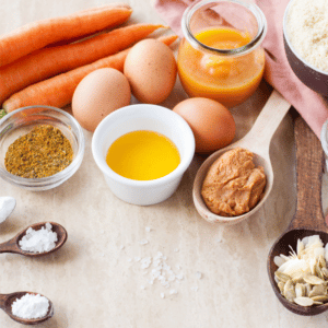 Carrots, oil, eggs, ingredients for baking